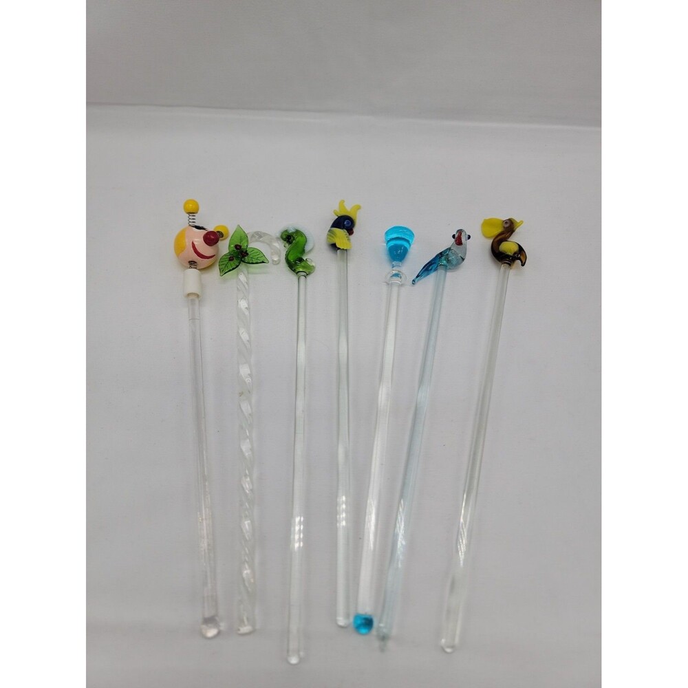 Handmade Blown Glass Swizzle Stir Sticks Lot Of 7 (One Is Plastic)